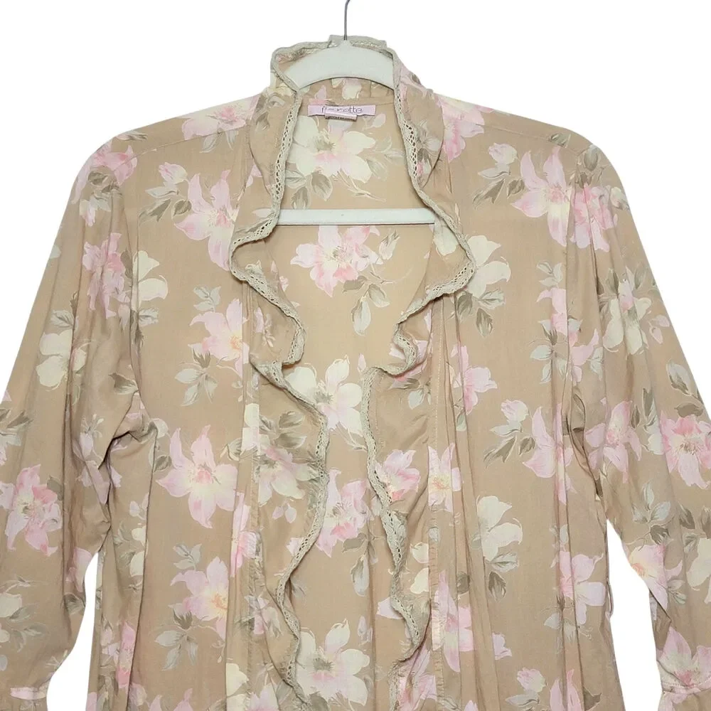Fleurette Floral Cotton Kimono Robe Ruffle Tie Waist Maxi Beige Pink Romantic S - Picture 6 of 13
